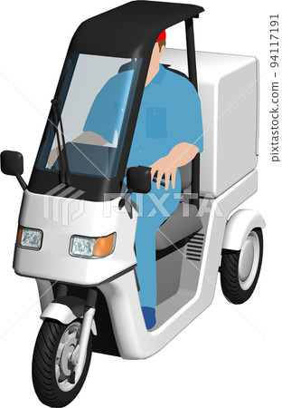 Illustration background transparent image of a white tricycle delivery bike used for delivery. with driver 94117191