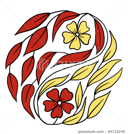 Hand drawn illustration of floral yin yang Chinese concept with red yellow flowers leaf leaves. Elegant circle round composition with bright foliage nature elements, bloom blossom symbolic ornament Hand drawn illustration of floral yin yang Chinese concept with red yellow flowers leaf leaves. Elegant circle round composition with bright foliage nature elements, bloom blossom symbolic ornament 94118240