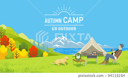 A man and a dog enjoying autumn camping with letters A man and a dog enjoying autumn camping with letters 94118284