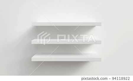 3D rendering. Empty white shop shelf, retail shelf on grey background. 94118922