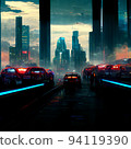 A car running at high speed in a near-future city 94119390
