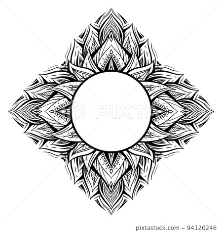 Vector sacred lotus frame with boho ornament and place for text. Monochrome border with water lily with tribal decoration and copy space. Vector sacred lotus frame with boho ornament and place for text. Monochrome border with water lily with tribal decoration and copy space. 94120246