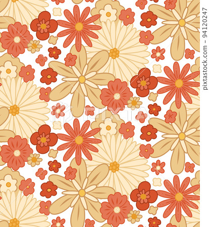 Vector seamless retro pattern with dense groovy flowers. Ditsy hippie texture with different beige and coral flowers on white background. 94120247