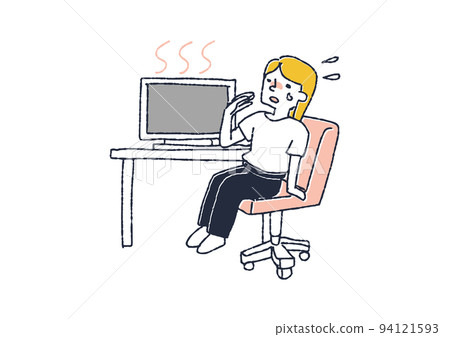 A woman who is overheated by the heat emitted from a computer People who use air conditioners and fans to prevent heatstroke in the summer 94121593