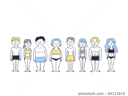 一組不同體型的男女漫畫手繪人物矢量、線條畫和顏色 94121619