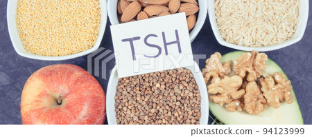 Dietary and beneficial eating for thyroid gland. Food containing vitamins and minerals 94123999