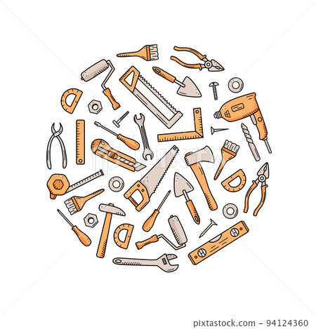 Construction tools, doodle vector set of repair elements, cartoon icons 94124360