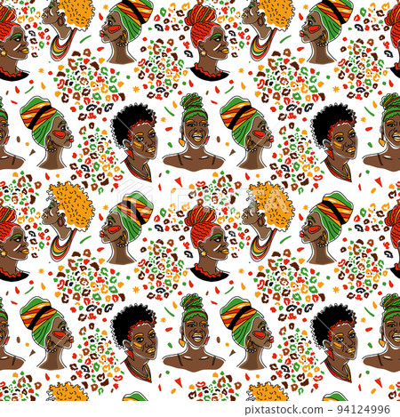 Kwanzaa African American pretty girls. Vector Illustration of Black Woman with glossy lips and turban. Seamless surface pattern isolated on white. 94124996