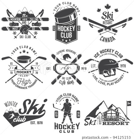 Ice Hockey, Ski and Snowboard Club emblem. Vector. Concept for shirt, print, stamp, badge. Vintage typography design with ice hockey player, snowboarder and skier silhouette. Winter sport. Ice Hockey, Ski and Snowboard Club emblem. Vector. Concept for shirt, print, stamp, badge. Vintage typography design with ice hockey player, snowboarder and skier silhouette. Winter sport. 94125153