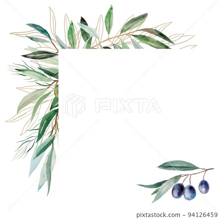 Geometric frame made of watercolor olive twigs with leaves and fruits, wedding illustration Geometric frame made of watercolor olive twigs with leaves and fruits, wedding illustration 94126459