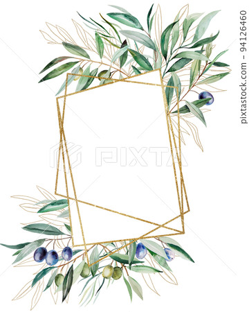 Geometric frame made of watercolor olive twigs with leaves and fruits, wedding illustration 94126460