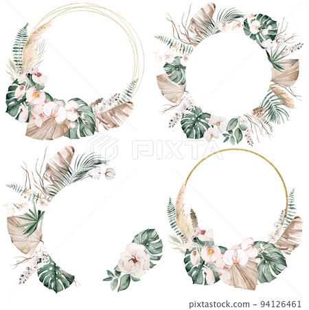 Boho Wedding Watercolor frames with beige and teal green tropical leaves and orchid flowers illustration 94126461