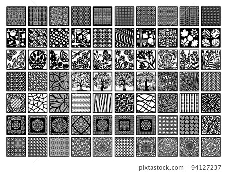 Large set of square panels. Abstract geometric pattern, floral motif or antique ornament. Vector template for laser cutting of metal lattice, wall painting, stencil, openwork napkin, wood carving, cnc 94127237