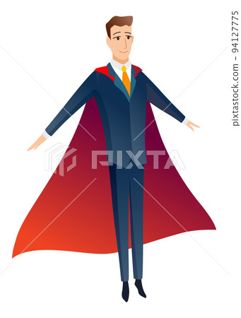 Businessman superhero character. Office worker or manager in costume and red fluttering cloak cape. Cartoon powerful man in spectacular action pose superhero. Vector isolated on white background Businessman superhero character. Office worker or manager in costume and red fluttering cloak cape. Cartoon powerful man in spectacular action pose superhero. Vector isolated on white background 94127775