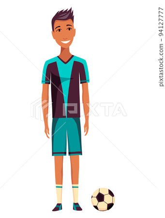 Soccer player, cartoon male football character. Man full length, front view. Isolated flat vector illustration Soccer player, cartoon male football character. Man full length, front view. Isolated flat vector illustration 94127777