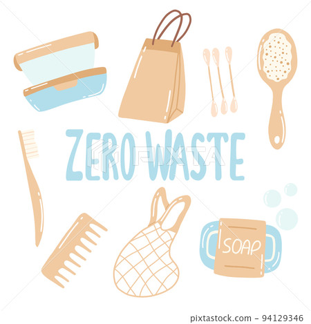Collection of durable and reusable items or Zero Waste products - eco-friendly grocery bags, wooden comb, toothbrush, container. Flat vector illustration. 94129346