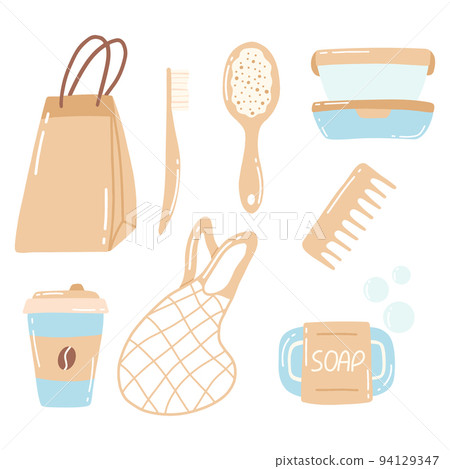 Collection of durable and reusable items or Zero Waste products - eco-friendly grocery bags, wooden comb, toothbrush, container. Flat vector illustration. 94129347