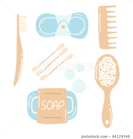 Collection of durable and reusable items or Zero Waste products - eco-friendly , wooden comb, toothbrush. Flat vector illustration. 94129348