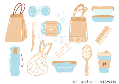 Collection of durable and reusable items or Zero Waste products - glass jars, eco-friendly grocery bags, wooden comb, toothbrush, container, thermo mug. Flat vector illustration. 94129349