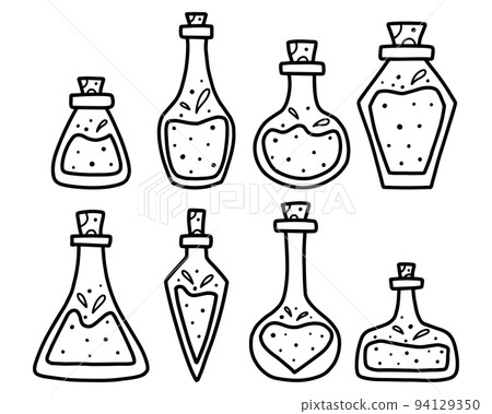 A set of potion jars. Magic Poison. Vector illustration. Collection of flasks with poison. Doodle style. 94129350