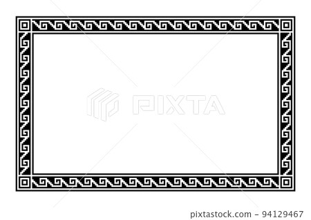 Aztec stepped fret motif, rectangle frame with meander pattern. Border made of steps, seamlessly connected to a spiral, similar to a Greek key. Also referred to as step fred design or Xicalcoliuhqui. Aztec stepped fret motif, rectangle frame with meander pattern. Border made of steps, seamlessly connected to a spiral, similar to a Greek key. Also referred to as step fred design or Xicalcoliuhqui. 94129467