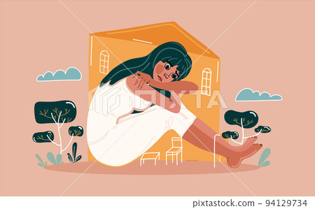 A young woman leans on her knees and sits sad in a cramped house. Sadness, depression and thoughts. The concept of loneliness, insecurity, mental illness, sadness and fatigue. Introvert teenager A young woman leans on her knees and sits sad in a cramped house. Sadness, depression and thoughts. The concept of loneliness, insecurity, mental illness, sadness and fatigue. Introvert teenager 94129734