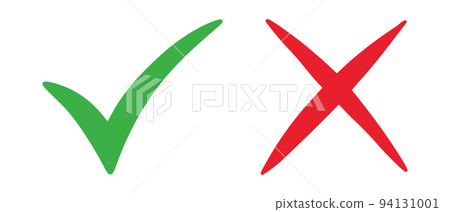 Hand drawn of Green check mark and Red cross isolated. Right and wrong icon. Vector illustration. 94131001