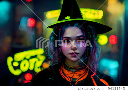 beautiful halloween witch makeup girl in stylish costume at celebration night, neural network generated art 94131545