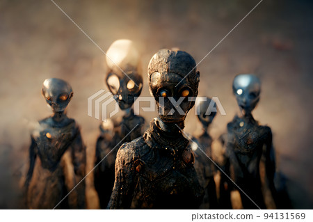 group of ugly barely humanoid aliens in ominous misty atmosphere, neural network generated art 94131569