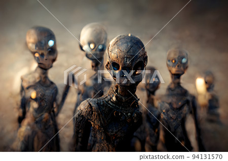 group of ugly barely humanoid aliens in ominous misty atmosphere, neural network generated art 94131570