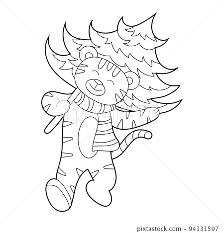 Coloring book for kids,cartoon tiger carries a Christmas tree. Vector isolated on a white background Coloring book for kids,cartoon tiger carries a Christmas tree. Vector isolated on a white background 94131597