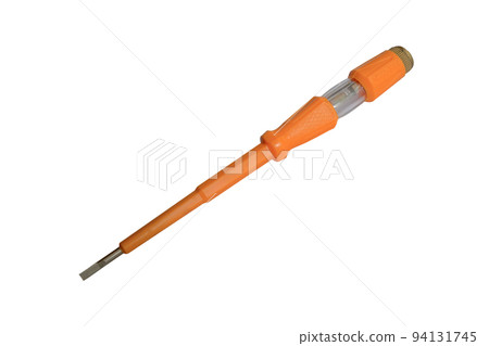 Yellow electric tester screwdriver on white background 94131745