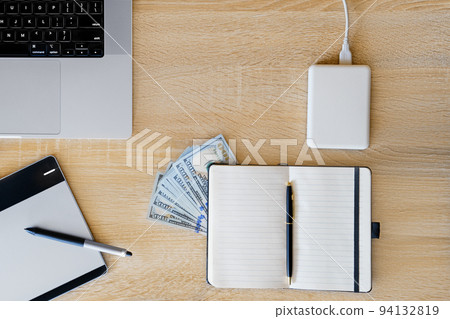 Concept of freelance graphic design. Top view of designer's desk. Concept of freelance graphic design. Top view of designer's desk. 94132819