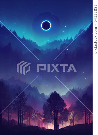 Illustration fantasy of neon forest. Glowing colorful look like fairytale. 94132855