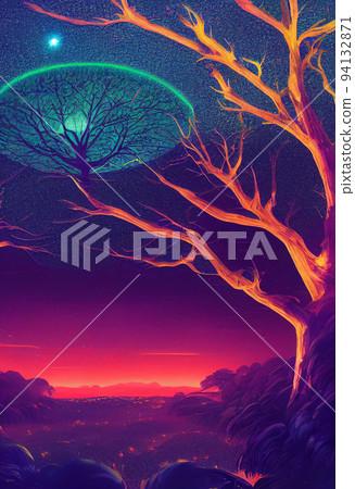 Illustration fantasy of neon forest. Glowing colorful look like fairytale. 94132871
