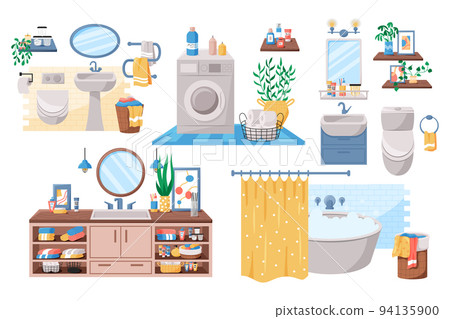 Bathroom interior. Toilet room with sink and bath. Cat closet. Washbasin or washing machine. Mirror with shelves. Stylish cabinet. Laundry basket. Toiletries and towels. Vector flat restroom decor set Bathroom interior. Toilet room with sink and bath. Cat closet. Washbasin or washing machine. Mirror with shelves. Stylish cabinet. Laundry basket. Toiletries and towels. Vector flat restroom decor set 94135900