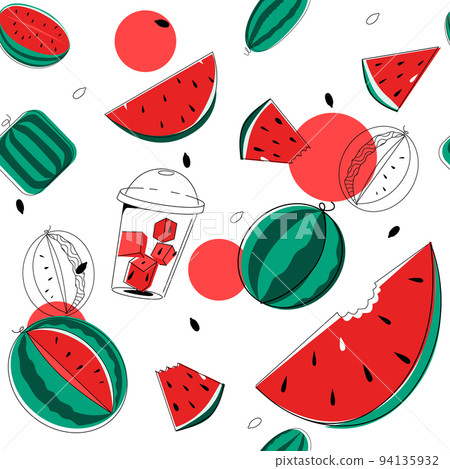 Watermelon pattern. Bright juicy slices of watermelon, a glass of sliced watermelon. Vector illustration isolated on a white background. Watermelon pattern. Bright juicy slices of watermelon, a glass of sliced watermelon. Vector illustration isolated on a white background. 94135932