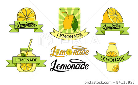 Lemonade stickers, fresh lemon label with text. Citrus logo badge, drink emblem, retro stamp posters collection. Cold summer beverage. Whole half and slice, glass bottle. Vector design illustration 94135955