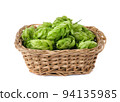 Hop cones in a straw basket on a white background. Green fresh hop cones for making beer and bread closeup. Hops are main ingredients in Beer production. 94135985