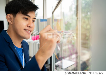 Young Creative businessman holding a marker and writing plan and share idea on glass wall with sticky note, Brainstorming and discussing and formulating, business strategies in tech startup office. Young Creative businessman holding a marker and writing plan and share idea on glass wall with sticky note, Brainstorming and discussing and formulating, business strategies in tech startup office. 94136327