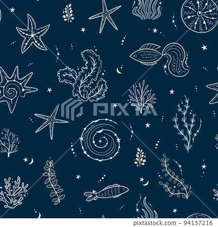 Seamless pattern with seashells, seaweed, fish and starfishes. Marine dark blue background. For printing, fabric, textile, manufacturing, wallpapers. Under the sea 94137216