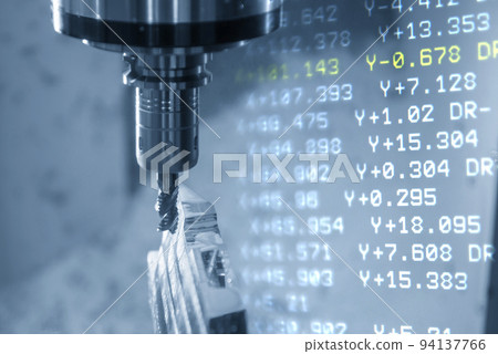 Abstract scene of the  5-axis machining center table-tilt type and G-code data background. 94137766