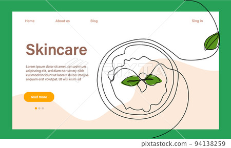 Skin care concept. Landing page template. Morning routine. Bath time. Organic products for scrubbing and body skin care with natural herbal skin care products, top view. Vector illustration Skin care concept. Landing page template. Morning routine. Bath time. Organic products for scrubbing and body skin care with natural herbal skin care products, top view. Vector illustration 94138259