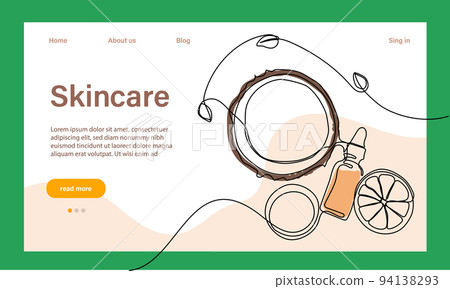 Skin care concept. Landing page template. Morning routine. Bath time. Organic products for scrubbing and body skin care with natural herbal skin care products, top view. Vector illustration 94138293