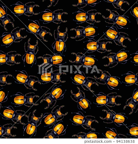 Unusual background with yellow beetles Lucanus on black, horror halloween, exotic seamless pattern, nature concept 94138638