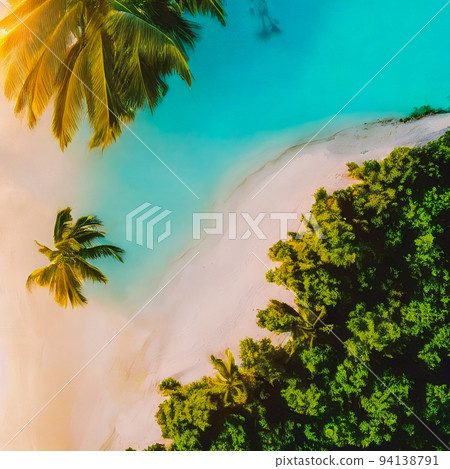 Aerial view of sandy tropical beach in summer. Aerial landscape of sandy beach and ocean with waves, view from drone. 3d 94138791