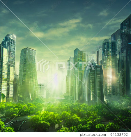 Green city of the future. Eco City of the future. Harmony of city and nature. Sunny day in the big city. 3d illustration 94138792