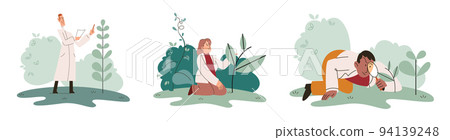 Scientist explores vegetable life and plants in nature. Biologists studying biological species Scientist explores vegetable life and plants in nature. Biologists studying biological species 94139248