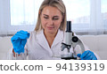 Young scientist laboratory assistant looks through a microscope in the laboratory. A young scientist 94139319