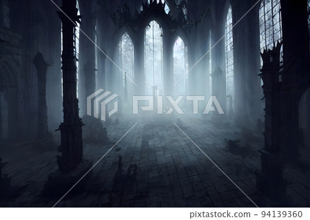 dark gothic abandoned ancient chapel hall interior with tall windows and columns , neural network generated art 94139360